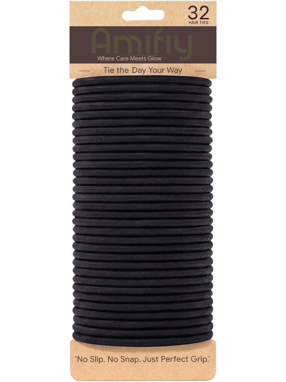 No Damage Black Hair Ties - Organic Ponytail Holders, 32 Count, Fits All Hair